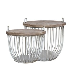 Two round coffee tables in antique white with wooden tops and metal bases.