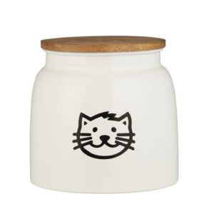 Cat food storage jar in metal with wooden lid.